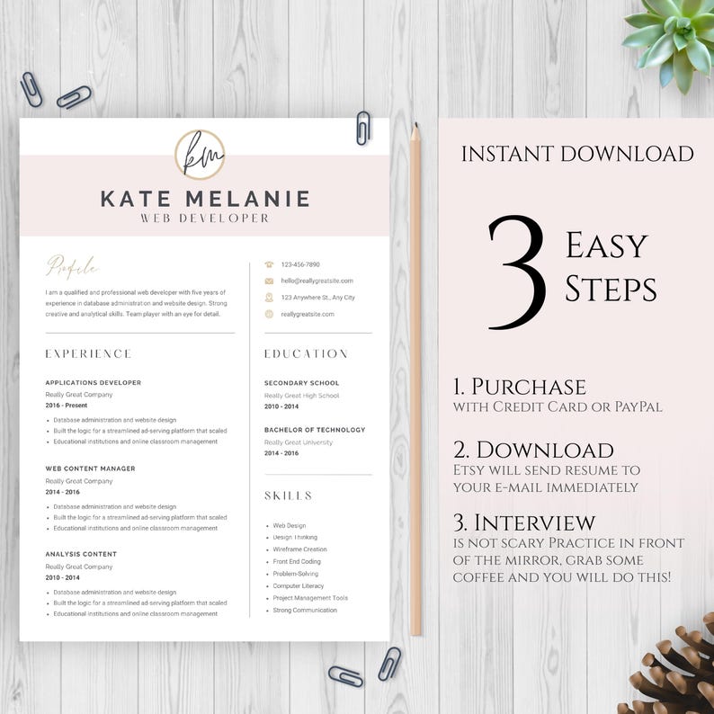 Puede incluir: Una plantilla de curr&iacute;culum vitae rosa y blanca con el texto "INSTANT DOWNLOAD" y "3 EASY STEPS" en negro. Los pasos son: 1. Compra con tarjeta de cr&eacute;dito o Paypal, 2. Descarga Etsy enviar&aacute; el curr&iacute;culum a tu correo electr&oacute;nico inmediatamente, 3. Entrevista no da miedo, practica frente al espejo, toma un caf&eacute; y lo har&aacute;s!"