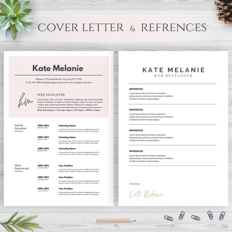Puede incluir: Una plantilla de curr&iacute;culum con fondo rosa y texto negro. El curr&iacute;culum es para un desarrollador web llamado Kate Melanie. El curr&iacute;culum incluye informaci&oacute;n de contacto, experiencia laboral y educaci&oacute;n. El curr&iacute;culum tambi&eacute;n incluye una secci&oacute;n para referencias.