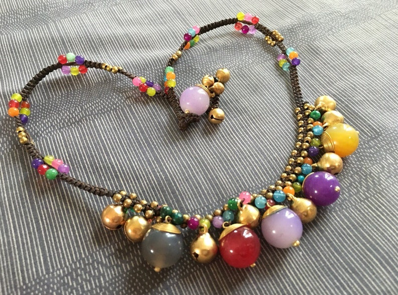 Cute group round gems beads /& brass bell necklace