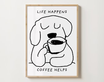 Dog Drinking Coffee Art Print: Aesthetic Home Decor (Digital Download)