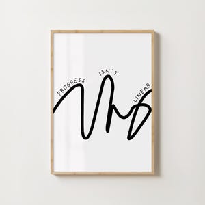 May include: A framed print with the words "Progress Isn't Linear" in black script. The text is arranged along a wavy black line on a white background. The frame is a light wood color.