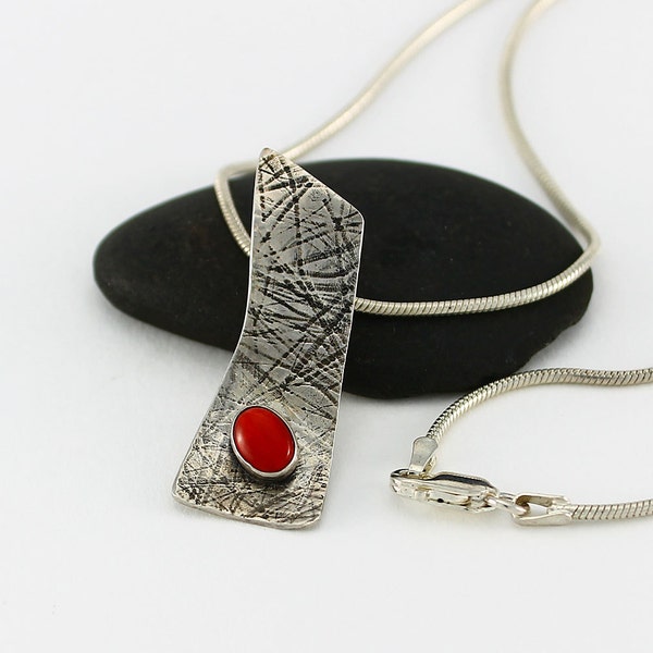 Handcrafted Sterling Silver Red Coral and Textured Sterling Pendant Contemporary Artisan Design Jewelry Natural Stone 9992454911715