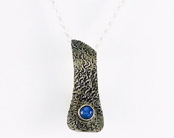 Handcrafted Sterling Silver and Blue Kyanite Pendant Natural Stone Hand Stamped Texture Contemporary Artisan Jewelry Design 22526322112616