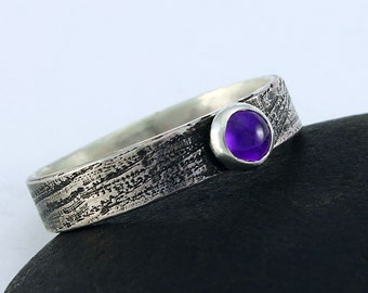 Size 7 Handcrafted Sterling Silver and Amethyst Ring Natural Stone Stackable Ring Textured Band Contemporary Artisan Jewelry 20576310111516