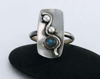 Size 8.5 Ring Handcrafted Sterling Silver and Labradorite Statement Ring "Lazy River" Contemporary One of a Kind Artisan Design 105633703414