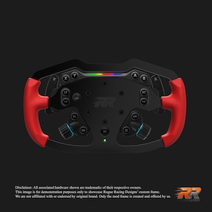 May include: Black racing wheel with red handles and multiple buttons. The wheel has a multi-colored light bar at the top and the text "RR DESIGNS" at the bottom right. The image includes the text: "Disclaimer: All associated hardware shown are trademarks of their respective owners."