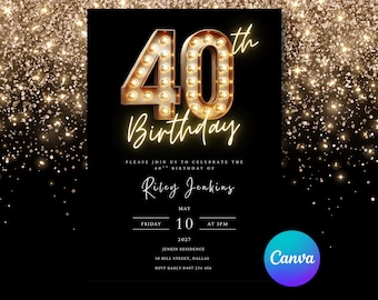 Invitación animada para 40 cumpleaños, video editable, invitación para fiesta de 40 años, invitación para 40 años, invitación digital para 40 años, Evite, Canva, editable, Evite