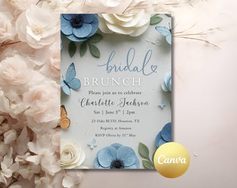 May include: A bridal brunch invitation with a light gray background, adorned with paper flowers and butterflies in shades of blue, white, and orange. The invitation text reads "Bridal Brunch" and invites guests to celebrate Charlotte Jackson.