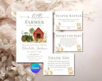 May include: Baby shower stationery set with a farmyard theme. The main invitation shows a green tractor, red barn, and farm animals. Other cards include a diaper raffle, books for baby, and thank you notes.