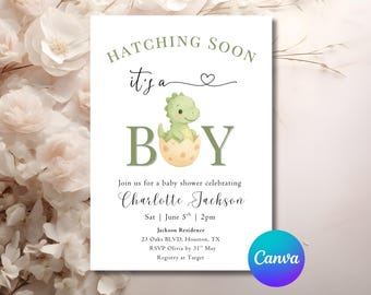 Dinosaur Boy Baby Shower Invitation Template Boho Dinasaur Green Watercolour Dinosaur Baby Shower Invite Editable Canva Instant Download