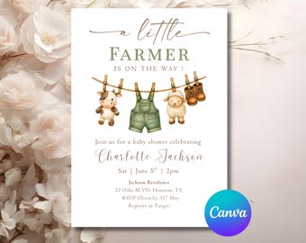Farmer Baby Shower Invitation Template A Little  Farmer is on the Way Farmer Clothesline Baby Shower Editable Canva Template