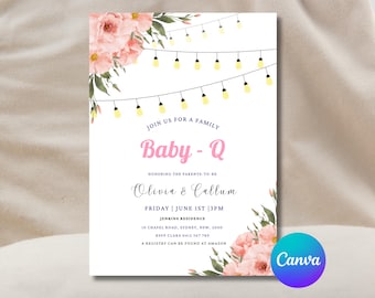 Boho Blush Baby-Q Invitation Template Pink Baby Shower Invite BabyQ Invitation Backyard baby shower Invitation Editable Canva Template