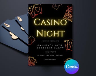 May include: Black invitation card with gold text reading "Casino Night". The card features illustrations of playing cards and casino-themed graphics. The invitation is for Callum's 30th birthday party.