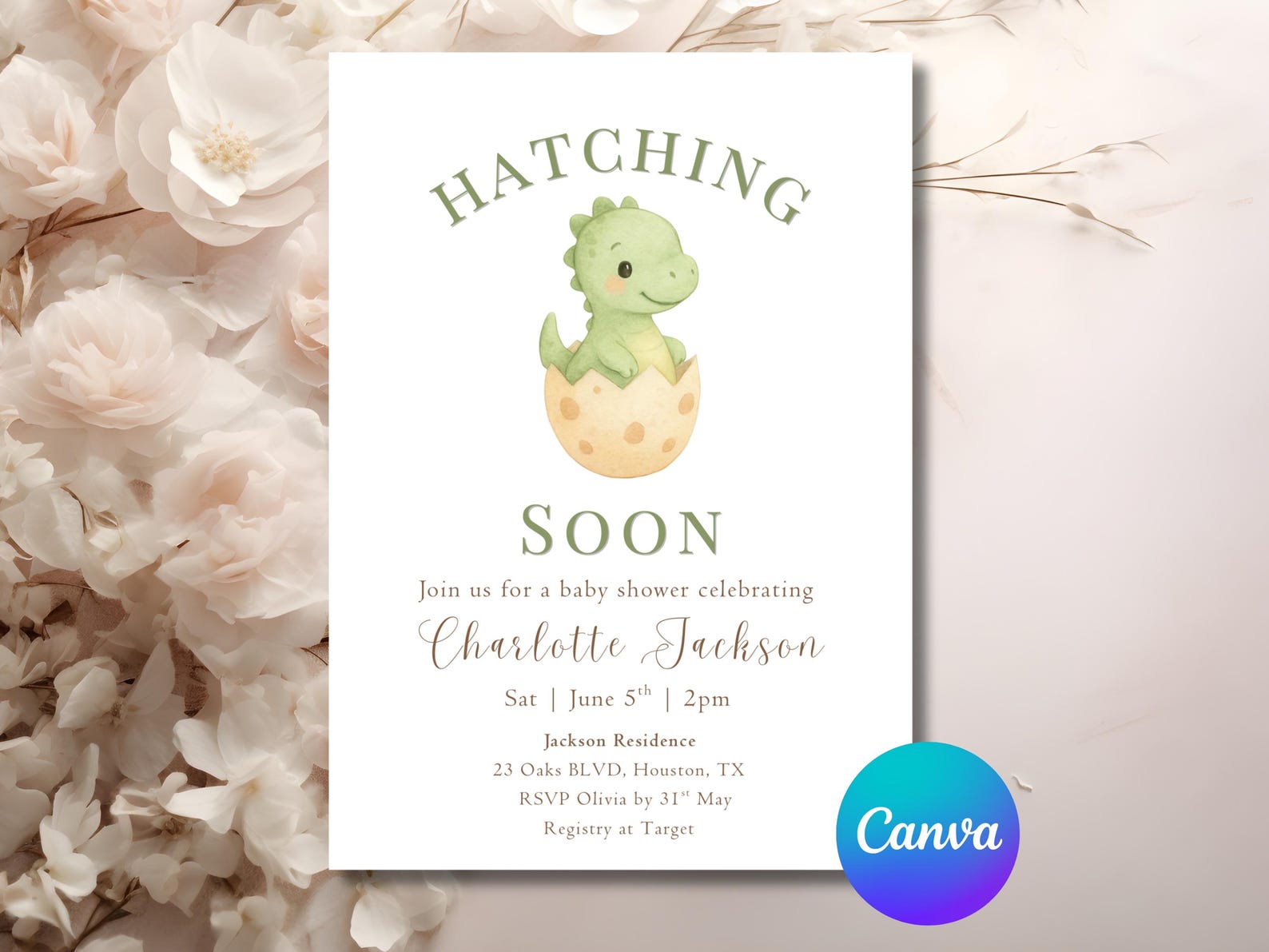 Editable Dino Hatching Soon Baby Shower Invitation Template Green ...