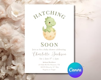 Editable Dino Hatching Soon Baby Shower Invitation Template Green Watercolour Dinosaur Invite Baby Shower Editable Canva Instant Download
