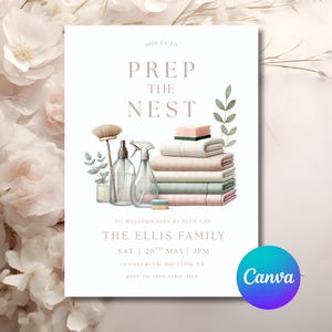 May include: A watercolor invitation with the text "PREP THE NEST" in soft brown. The invitation features illustrations of cleaning supplies, towels, and greenery, with event details for The Ellis Family.