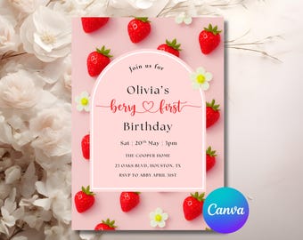 Berry 1st Birthday Strawberry Invite Berry First Invite modern strawberry Berries First Birthday Berry First Party Editable Canva Invite
