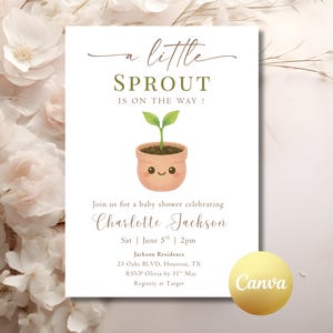 Op de afbeelding: Een uitnodiging voor een babyshower met de tekst "a little SPROUT is on the way!" met een aquarel illustratie van een lachende spruit in een pot. Details: naam Charlotte Jackson, datum, tijd en locatie.