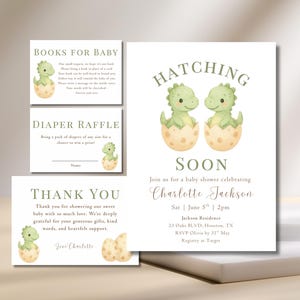 Twin Dinosaur Baby Shower Mini Bundle Invitation Hatching Soon Template Green Watercolour Dinosaur Baby Shower Editable Canva Invitation