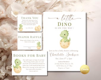 Puede incluir: Juego de invitaciones para baby shower con temática de dinosaurios. La invitación presenta un dinosaurio verde saliendo de un huevo, con el texto "a little DINO is on the way!". Incluye tarjetas de agradecimiento, rifa de pañales y solicitud de libros.
