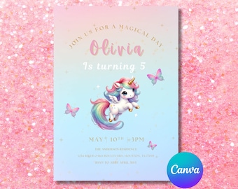 May include: A pastel-colored invitation with a unicorn illustration, butterflies, and the text "Olivia is turning 5." The invitation includes event details: May 10th, 3 PM, and the Anderson Residence. The Canva logo is in the bottom right corner.