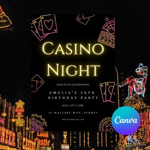 Casinoavond verjaardagsuitnodiging Las Vegas themafeestuitnodiging bewerkbare Casino Games Night verjaardagskaart Roze Games Night Canva-sjabloon
