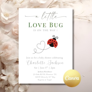 Little Love Bug Baby Shower Lady Bug Baby Shower Invite Spring Baby Sprinkle Love Bug on the Way Ladybug Love Heart Editable Canva Template