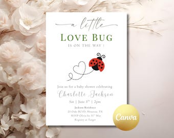 Little Love Bug Baby Shower Lady Bug Baby Shower Invite Spring Baby Sprinkle Love Bug on the Way Ladybug Love Heart Editable Canva Template