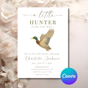 Editable Duck Hunting Baby Shower Invitation A Little Hunter Mallard Duck Baby Shower Invite Hunting Editable Canva Template Evite