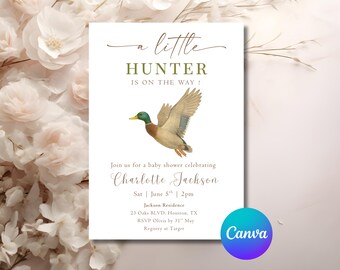Editable Duck Hunting Baby Shower Invitation A Little Hunter Mallard Duck Baby Shower Invite Hunting Editable Canva Template Evite