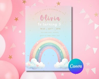 May include: A colourful rainbow-themed invitation with the name "Olivia" and the text "Is turning 5". The invitation includes the date, time, and location of the event. The Canva logo is visible in the bottom right corner.