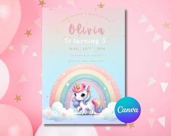 Pastel Unicorn Birthday Invitation Editable Rainbow Party Invite for Girls Printable Canva Template Digital Unicorn Invite Canva Template