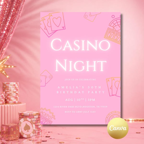 Pink Casino Night Invitation Girls Casino Party Invite Editable Casino Birthday Template Printable Las Vegas Theme Glam Vegas Night Vintage