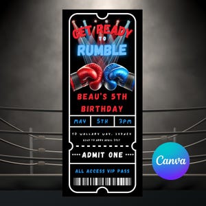 Boxing Invitation Boy Editable Kids Boxing Ticket Birthday Party Invite Fighter Party Theme Printable Digital Download Template