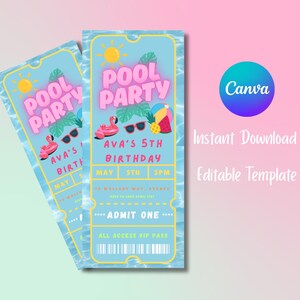 Summer Pool Party Invitation Pool Party Ticket Girls Pool Party Editable Summer Pool Party Summer Birthday Invite Tropical invite Canva