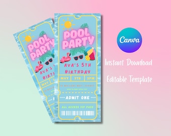 Invitation fête d'été à la piscine Billet de fête à la piscine pour filles Pool Party d'été modifiable Invitation d'anniversaire d'été Tropicale Canva
