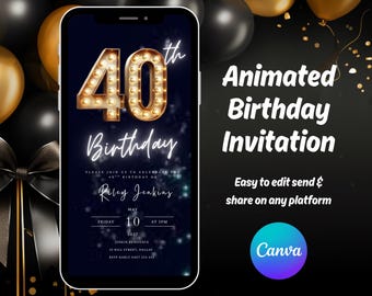 Invitación animada para el 40.º cumpleaños. Video editable. Invitación para la fiesta del 40.º cumpleaños. Invitación digital para el 40.º cumpleaños. Evite.
