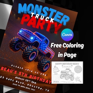 Editable American Monster Truck Birthday Invitation Red Monster Truck Theme Party Printable Invite Monster Truck Canva + Coloring Page