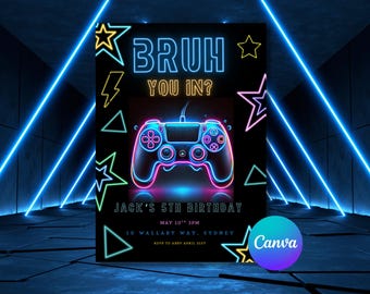 Zaproszenie na urodziny Bruh Gaming Zaproszenie na urodziny nastolatka Impreza z grami wideo Edytowalne neonowe urodziny Zaproszenie na imprezę z grami dla chłopców