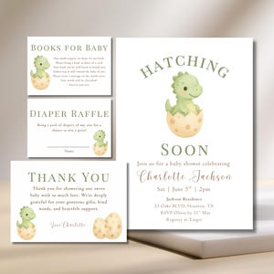 Dinosaur Baby Shower Bundle Invitation Hatching Soon Template Green Watercolour Dinosaur Baby Shower Editable Canva Instant Download Digital