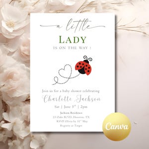 Little Lady Baby Shower Love Bug Baby Shower Invite Spring Baby Sprinkle Little Lady on the Way Ladybug Love Heart Editable Canva Template