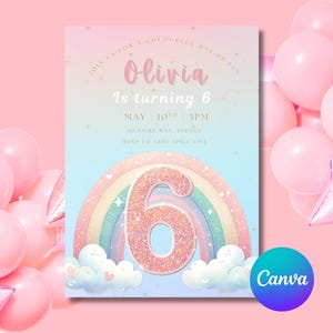 Rainbow Glitter 6th Birthday Invitation for Girls | Editable Canva Template | Pastel Sparkle Party Invite | Digital Download