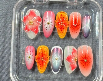 Tropical Sunset Press-On Nails – Ombre Pink & Orange with 3D Flowers, Starburst Patterns Shimmer Accents | Handmade Nail Set