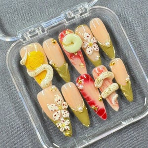 3D Floral Press On Nails: Olive Green French Tip, Sculpted Charms