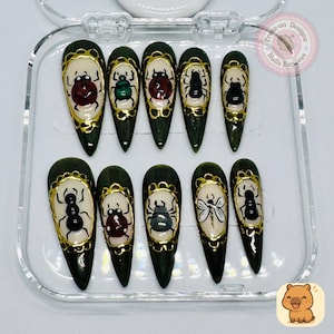 Gothic Insectarium Press-On Nails – 3D Bug & Beetle Nail Art with Gold Frame Detail – Handmade Dark Green Vintage Science Set