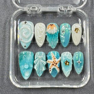 Ocean Fantasy Press On Nails – Starfish, Shells and Jelly Textures in Iridescent Aqua Blue | Gift for Her