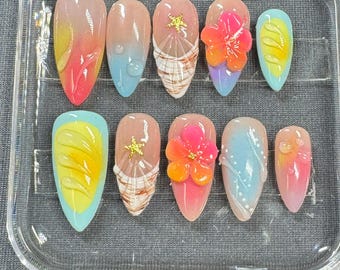 Tropical Sunset Press On Nails with 3D Flowers, Seashell & Ocean-Inspired Gradient Design