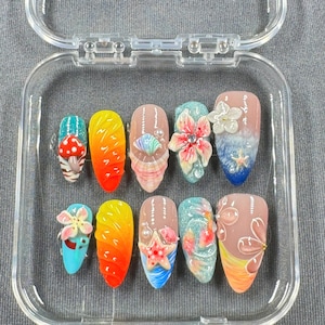 3D Floral Press On Nails: Tropical Sunset Beach Charm