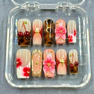 Cherry Blossom Delight Press On Nails – 3D Floral, Gold Stars and Cherry Fruit Accents | Gift for Her