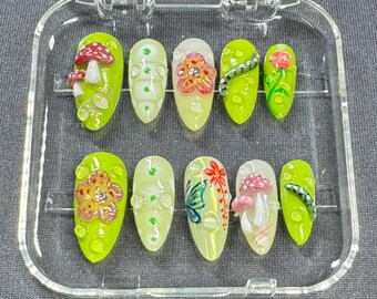 Enchanted Forest Press On Nails – Neon Green Butterfly, Mushroom & 3D Floral Nail Art | Whimsical Garden Fantasy Nail Set